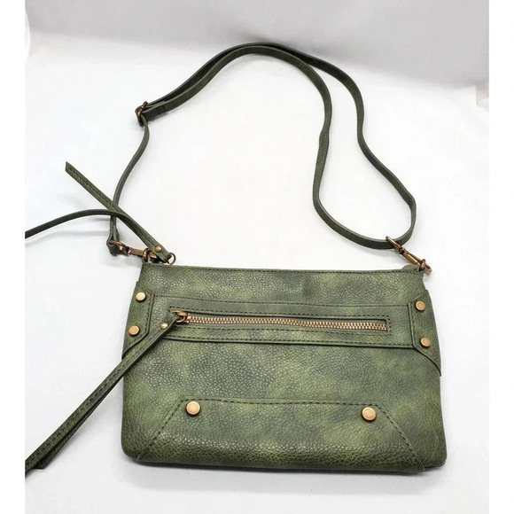 Chicos Purse Green Faux Leather Odette Crossbody Bag Studded Utilitarian Boho - Picture 2 of 16